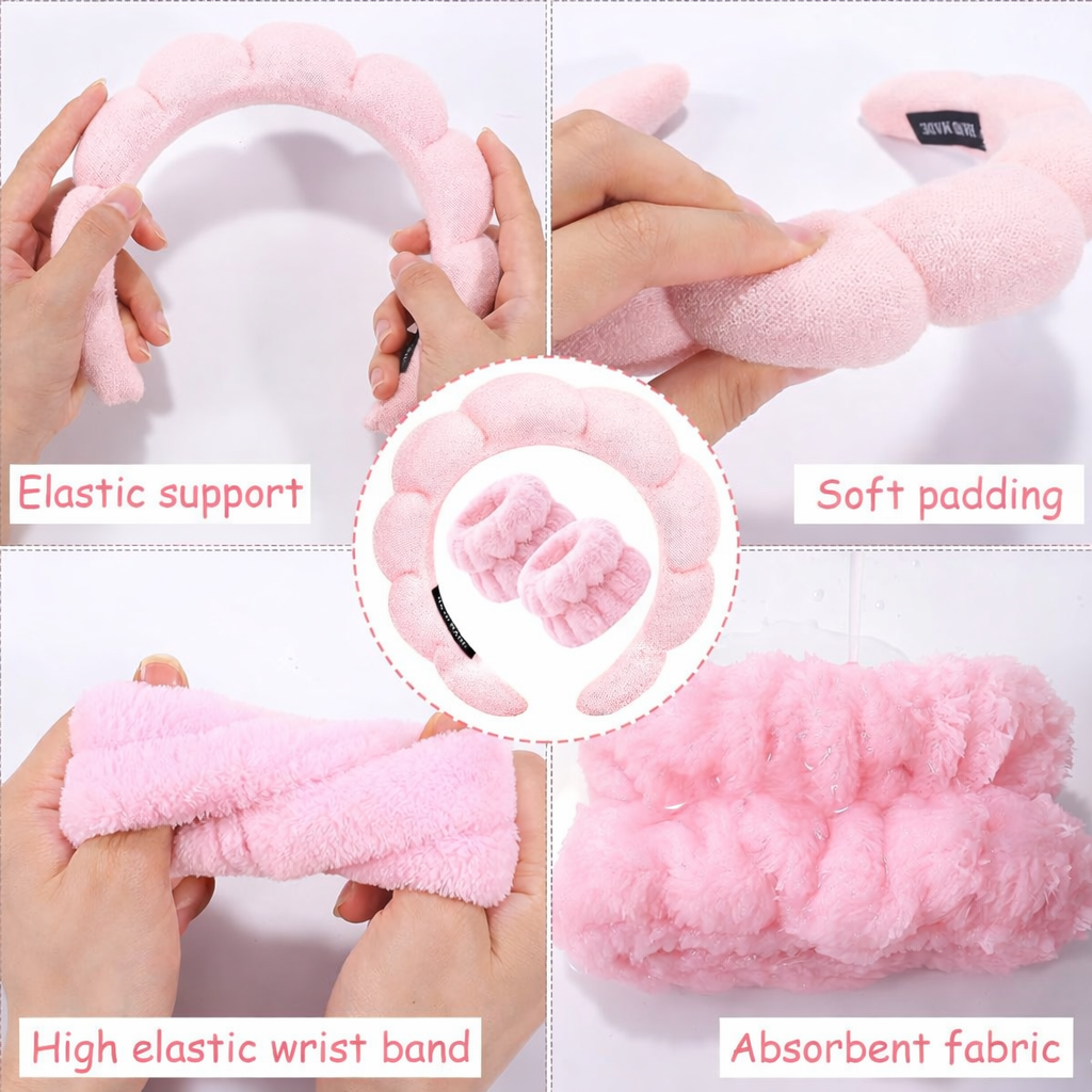Fluffy Spa Headband & Wristbands Set – Soft Absorbent Skincare Hair Band