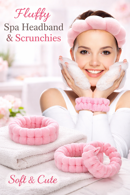 Fluffy Spa Headband & Wristbands Set – Soft Absorbent Skincare Hair Band