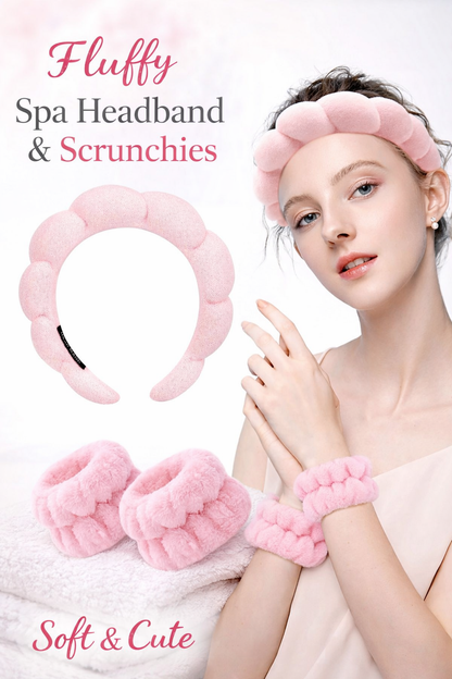 Fluffy Spa Headband & Wristbands Set – Soft Absorbent Skincare Hair Band