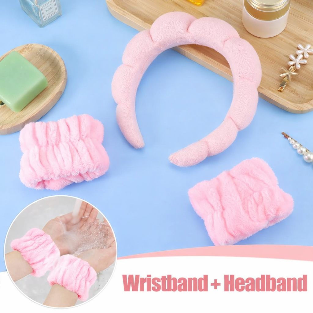 Fluffy Spa Headband & Wristbands Set – Soft Absorbent Skincare Hair Band